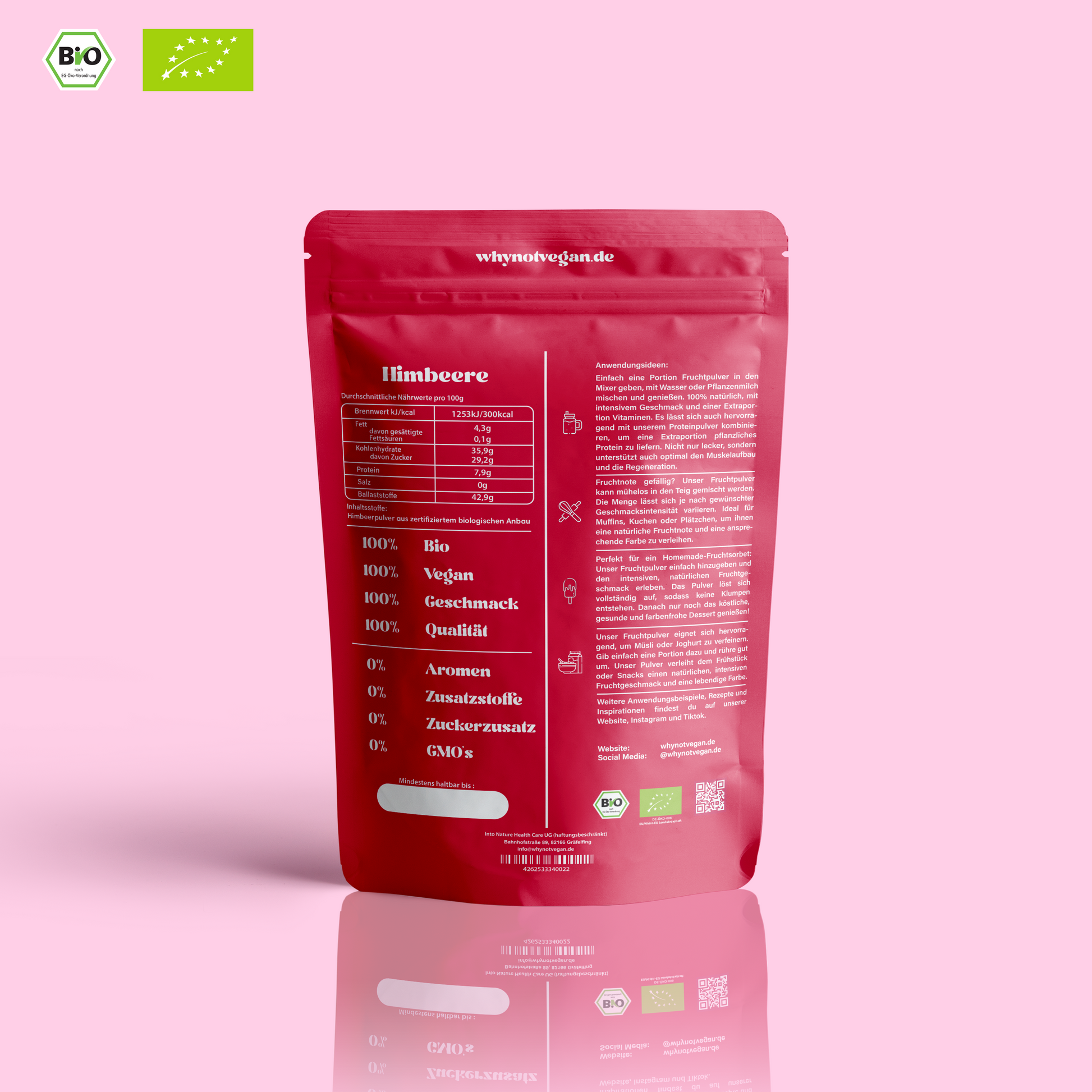 Bio Himbeerpulver gefriergetrocknet – 100 % Himbeeren, fruchtig-sauer, fein gemahlenes Pulver als natürliches Superfood für Smoothies, Joghurt und Backen