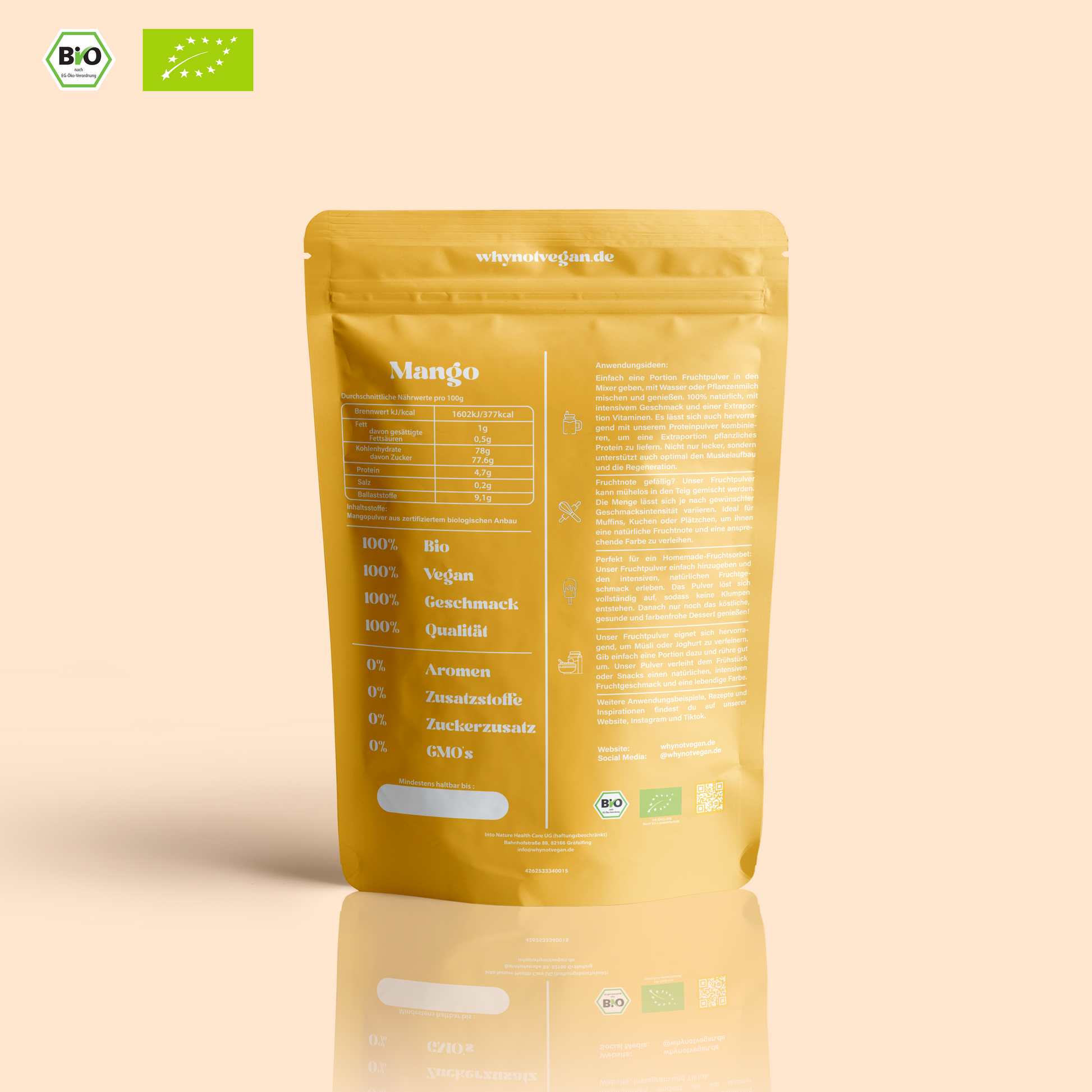 Rückseite der Bio Mango Pulver Verpackung  – Nährwerte, Anwendungstipps und Qualitätsversprechen: 100 % Frucht, vegan, ohne Zusätze