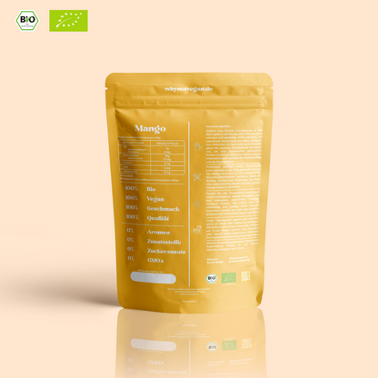Rückseite der Bio Mango Pulver Verpackung  – Nährwerte, Anwendungstipps und Qualitätsversprechen: 100 % Frucht, vegan, ohne Zusätze