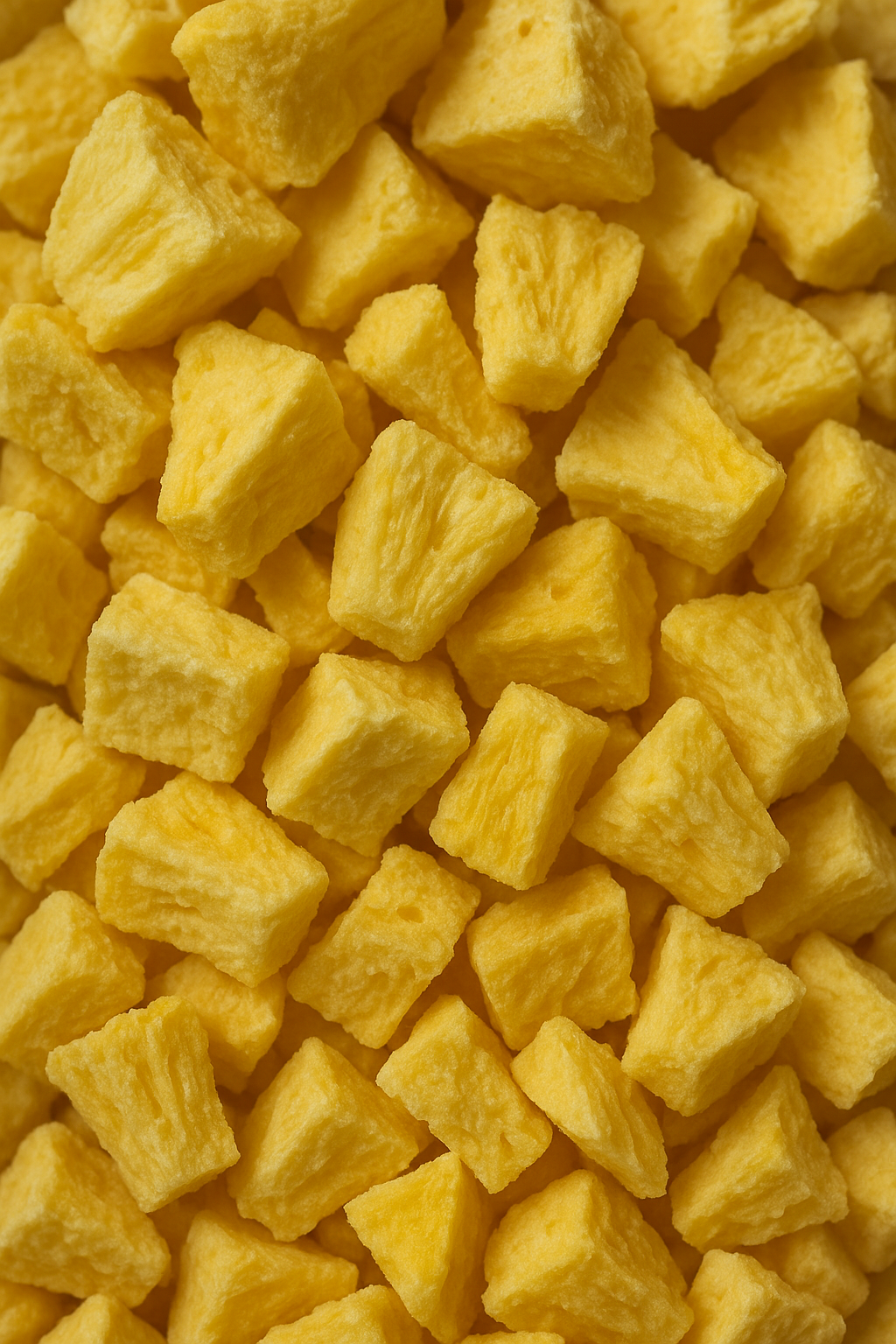 Gefriergetrocknete Bio-Ananas Stücke in Nahaufnahme – 100 % Frucht, intensiv süß, knusprig und ohne Zuckerzusatz, ideal für Snacks, Müsli und Backen