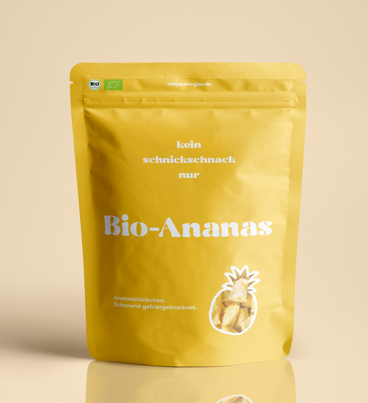 250 g gefriergetrocknete Bio-Ananas Stücke in nachhaltiger Verpackung von WhyNotVegan – 100 % Frucht, süß, knusprig und ohne Zusätze